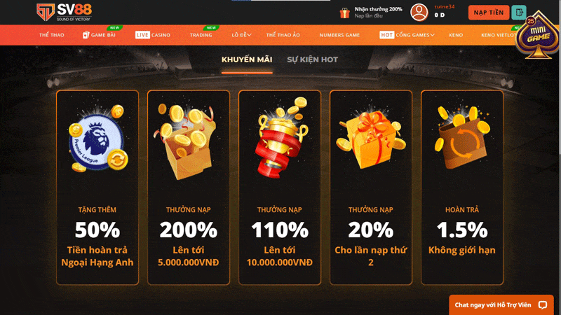 Khuyến mãi SV88 hoàn trả 2% giá trị tiền cược